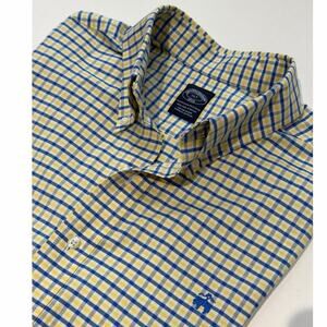 Brooks Brothers Shirt Mens Blue/Yellow Check 1XLT SS Button Logo Workwear Casual
